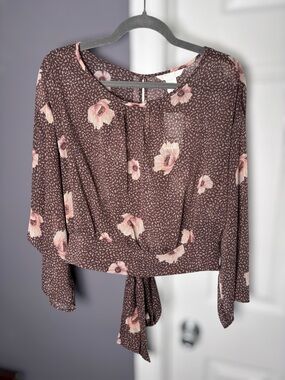 H&M Brown Pink Floral Cropped Blouse Back Cutout Sz 10